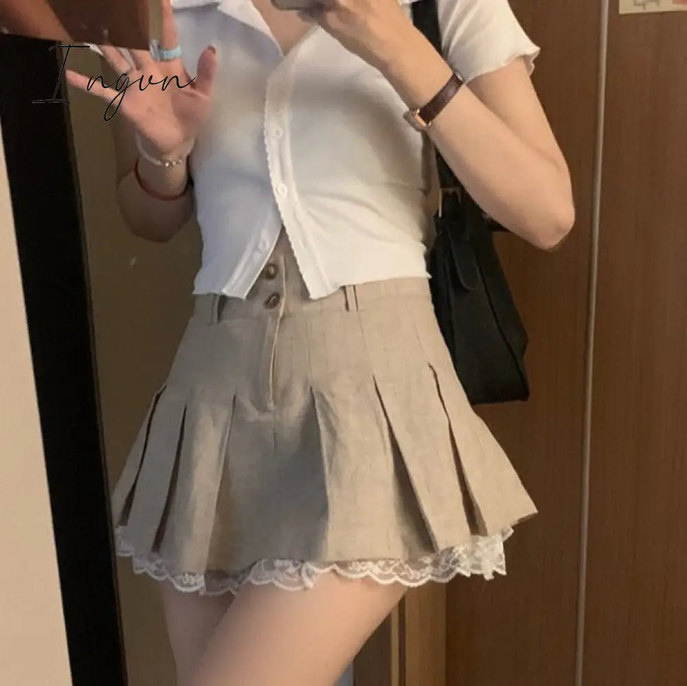 Ingvn - Sweetown Korean Fashion Khaki Short Skirt Lace Trim Cute Pleated Skirts Womens Preppy Style Button Up High Waist Summer Skirt