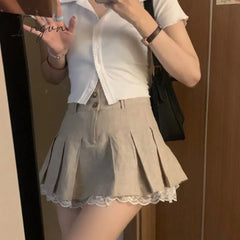 Ingvn - Sweetown Korean Fashion Khaki Short Skirt Lace Trim Cute Pleated Skirts Womens Preppy Style Button Up High Waist Summer Skirt