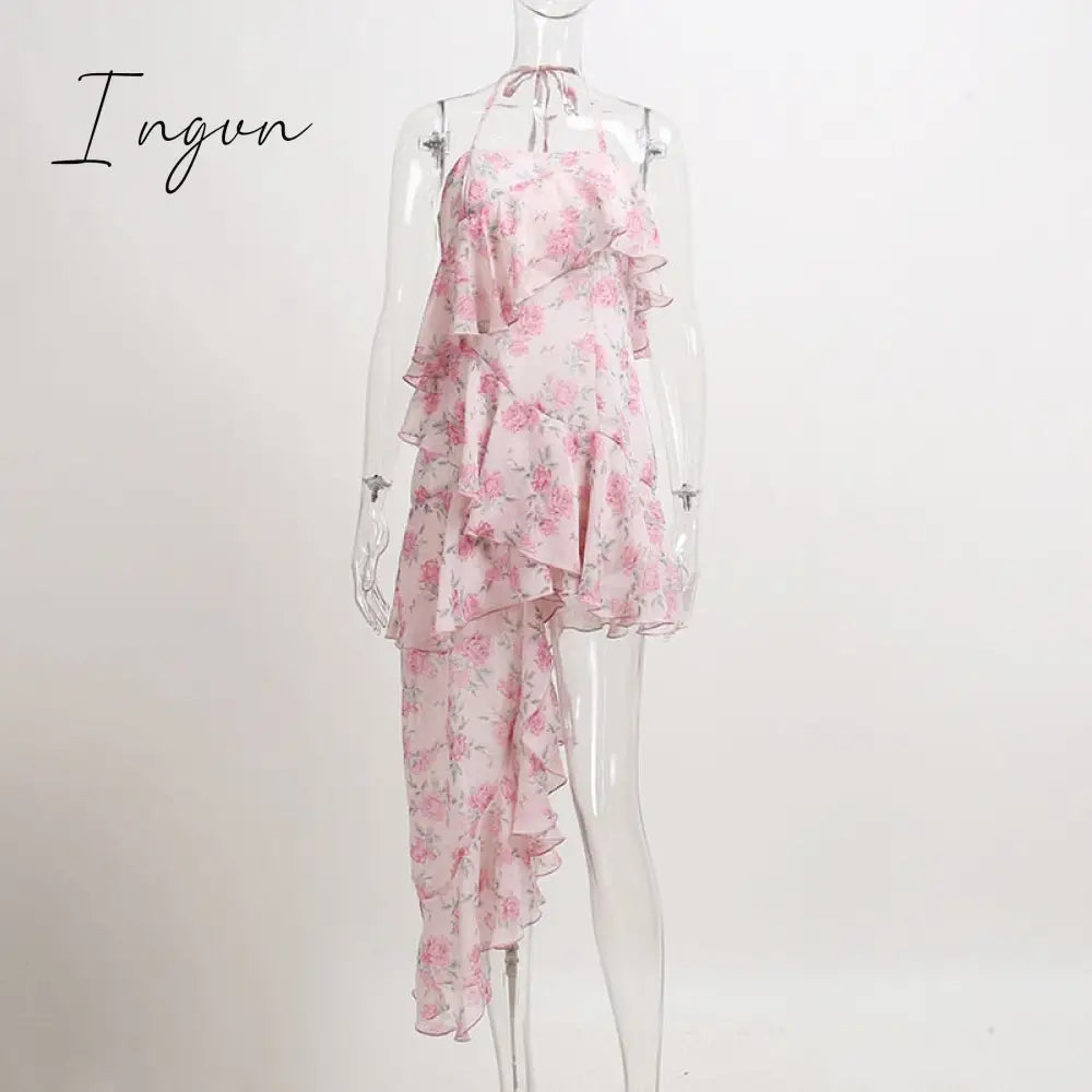 Ingvn - Elegant Party Dresses Y2k Sexy Halter Sleeveless Robe Floral Print Ruffle Vintage Midi Dress New Arrival Vestidos