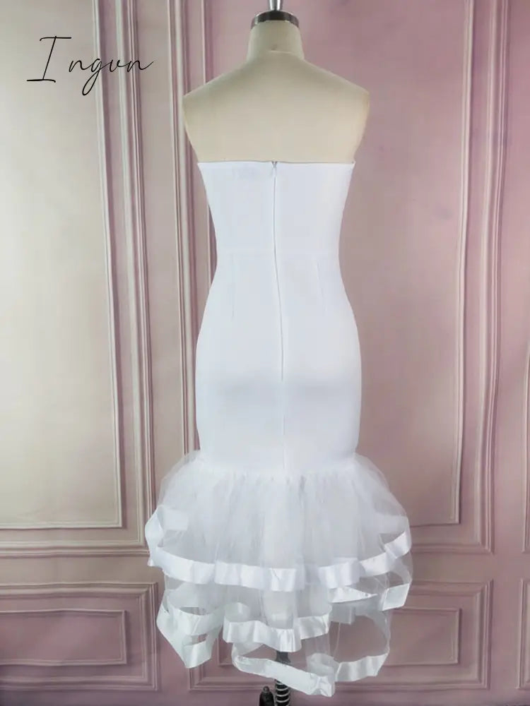 Ingvn - Women White Party Tube Tops Dress Wedding Off Shoulder Sexy Patchwork with Mesh Clubwear Dinner Evening Slim Bodycon Tunic Robes