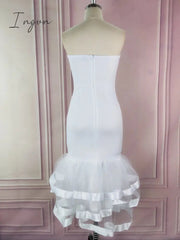Ingvn - Women White Party Tube Tops Dress Wedding Off Shoulder Sexy Patchwork with Mesh Clubwear Dinner Evening Slim Bodycon Tunic Robes