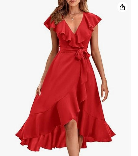 new V-neck short sleeve ruffled long temperament lace-up dress