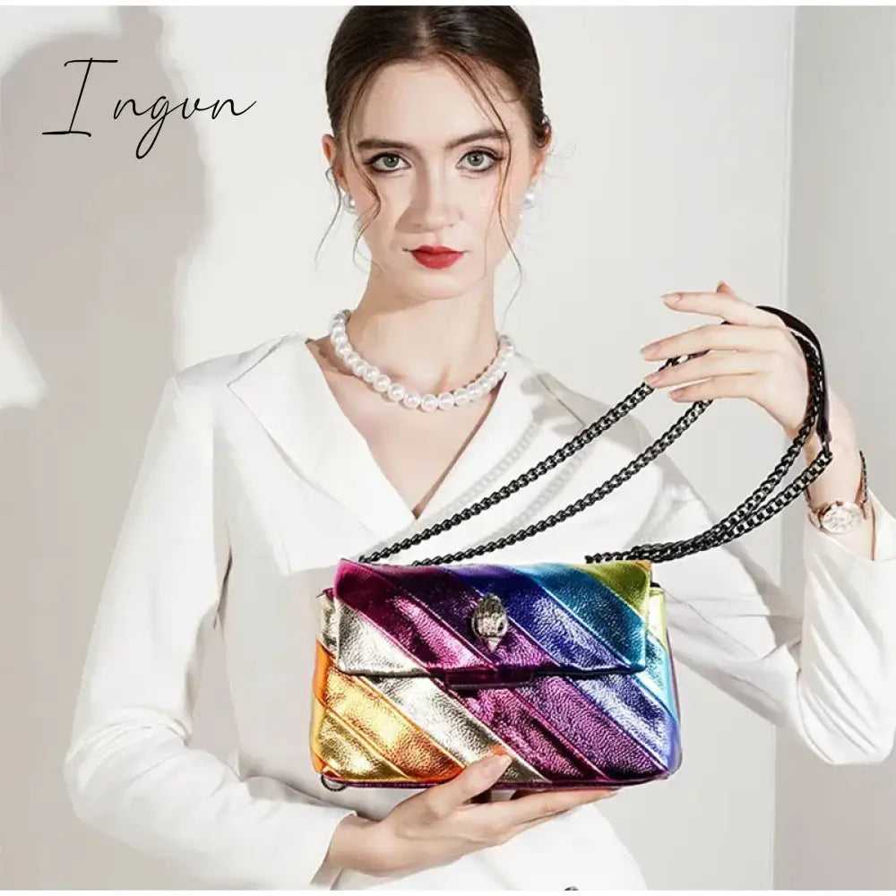 Ingvn - Women Simple Handbag Colorful Heart Shaped Bag 2024 Ladies Metal Shoulder Strap Crossbody Bag Eagle Pattern Design Rainbow Bag