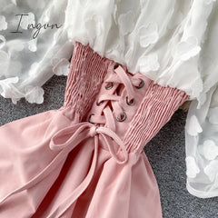 Ingvn - Spring Outfits Sexy Off Shoulder patchwork Summer Short Dress Party flower chiffon Slim waist lace up Women casual A-Line beach dress