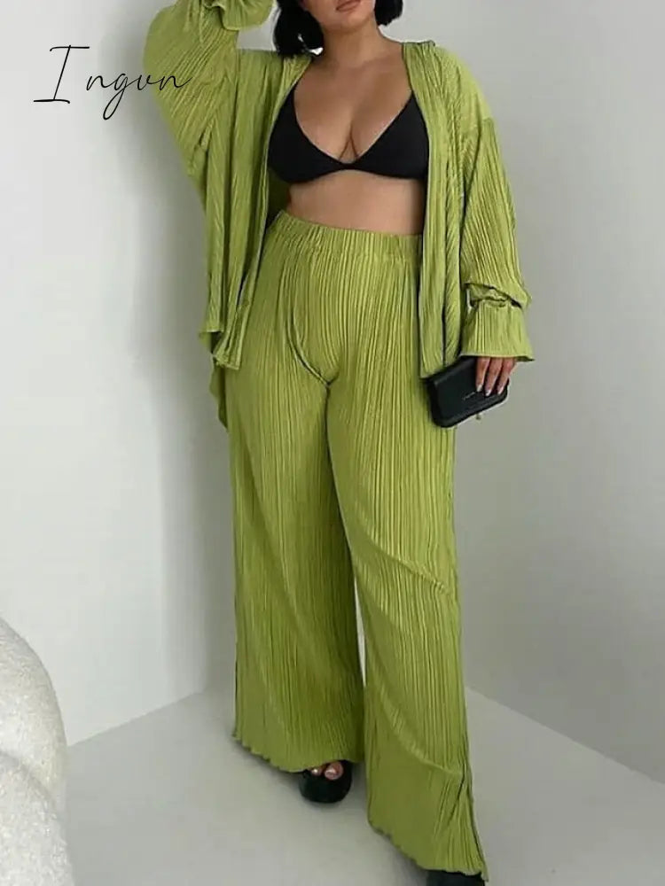 Ingvn - Women's Shirt Pants Sets Black White Light Green Solid Color Long Sleeve Casual Daily Fashion Shirt Collar Regular Fit Spring &  Fall
