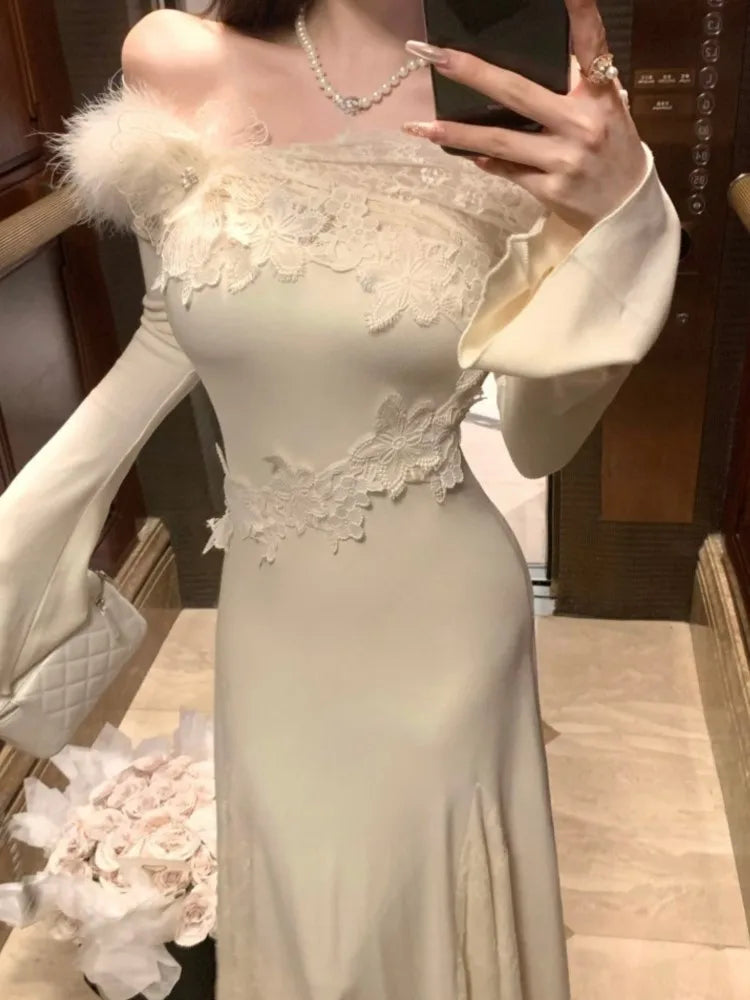 Elegant Solid Mermaid Long Dress for Women Autumn Chic Off Shoulder Flare Sleeve Bodycon Vestidos Vintage Evening Party Robe New
