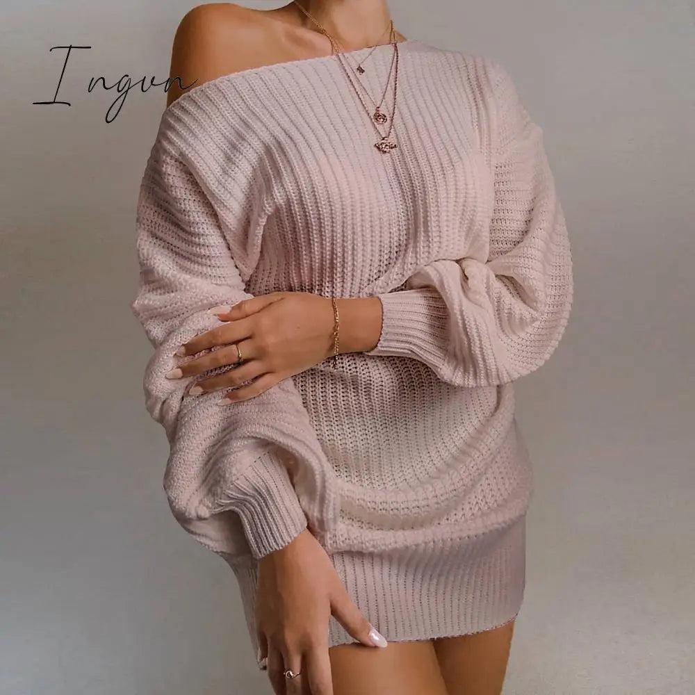 Ingvn - The hottest ladies casual off-shoulder lantern sleeve knitted sweater dress