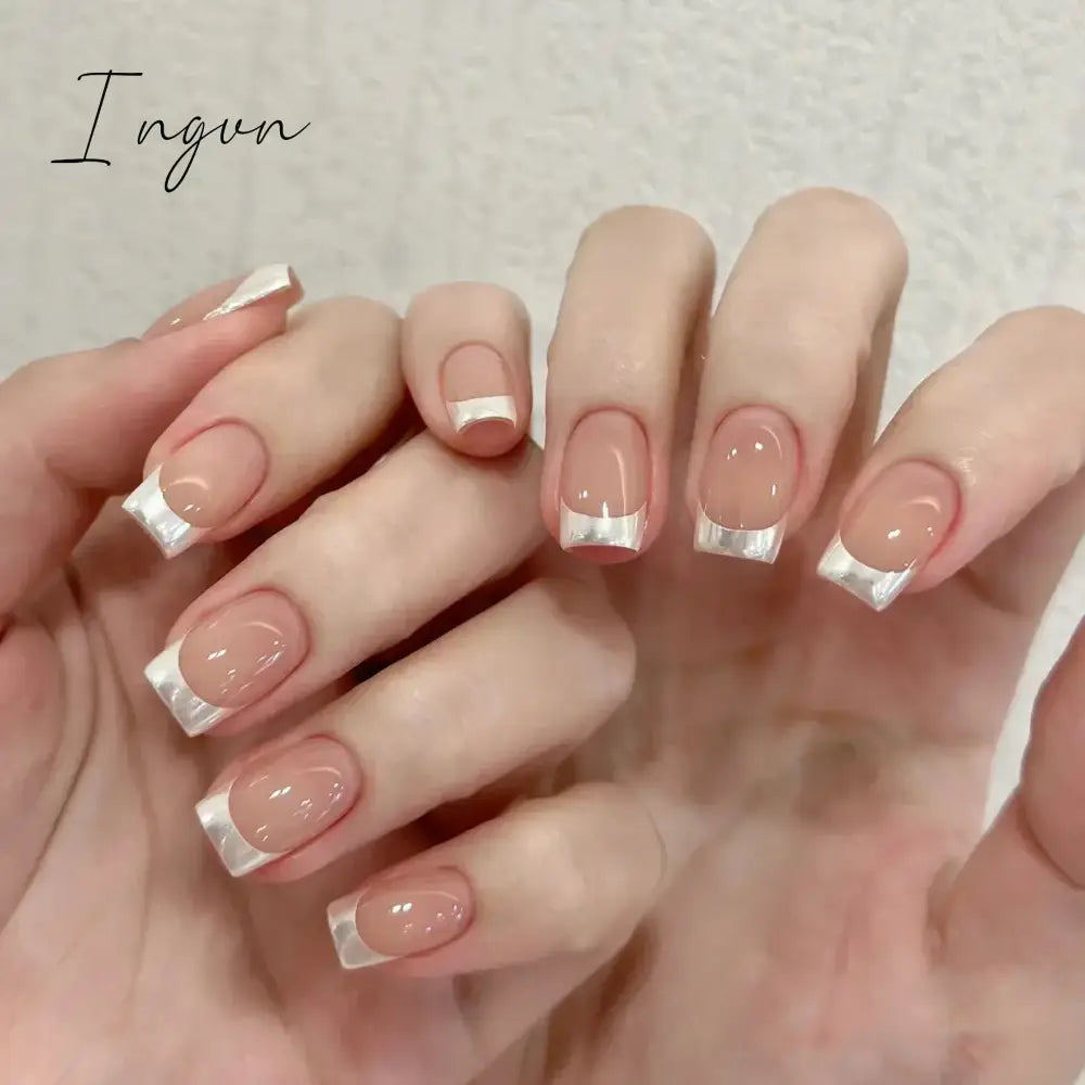 24Pcs French Tip  Press on Nails Short Coffin False Nails Simple Wearable Fake Nails Frosted Full Cover Press on Nail Tips Art