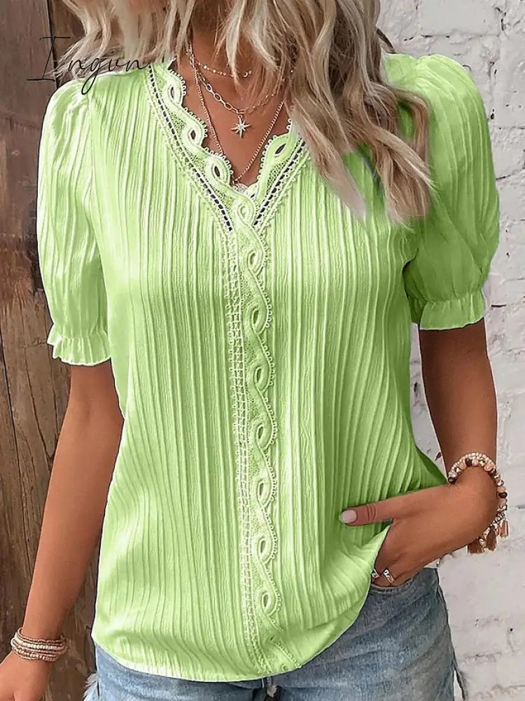 Ingvn - Women's Shirt Blouse yellow-green Violets White Plain Lace Short Sleeve Casual Basic V Neck