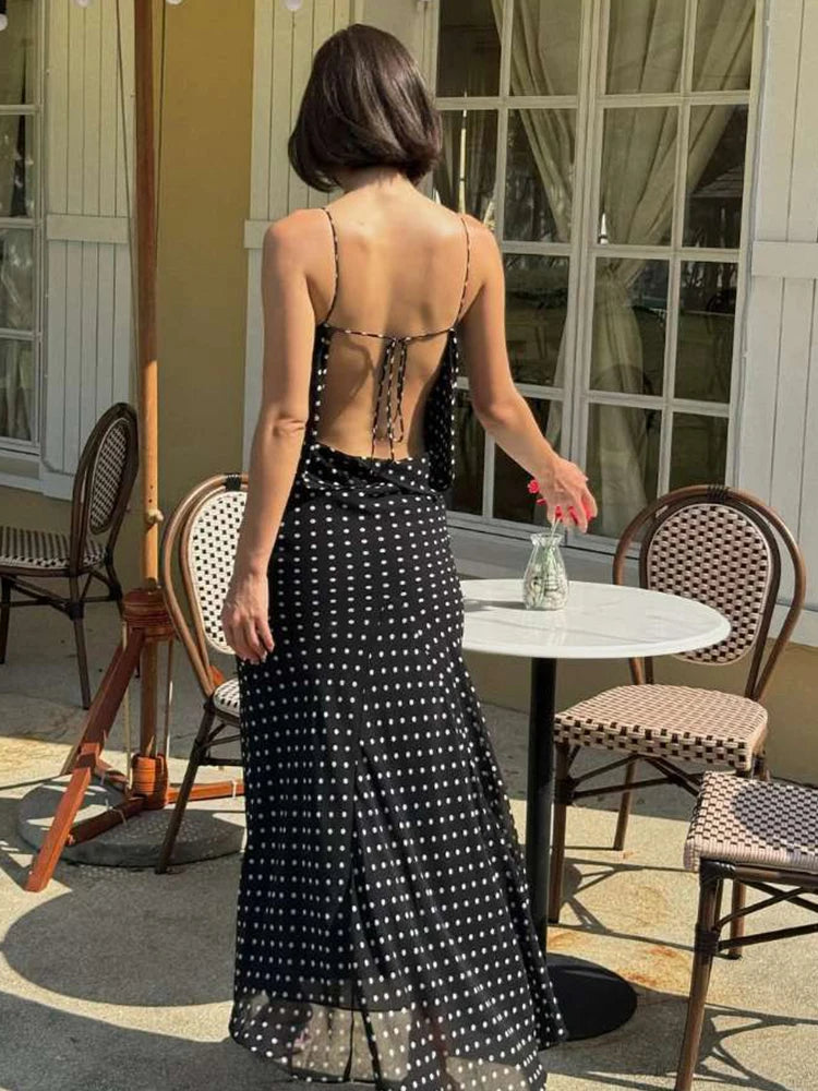 Fashion Polka Dot Print Maxi Dress Women Bandage Backless v-Neck Mesh Elegant Simple Temperament Casual Street Vestidos