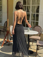 Fashion Polka Dot Print Maxi Dress Women Bandage Backless v-Neck Mesh Elegant Simple Temperament Casual Street Vestidos