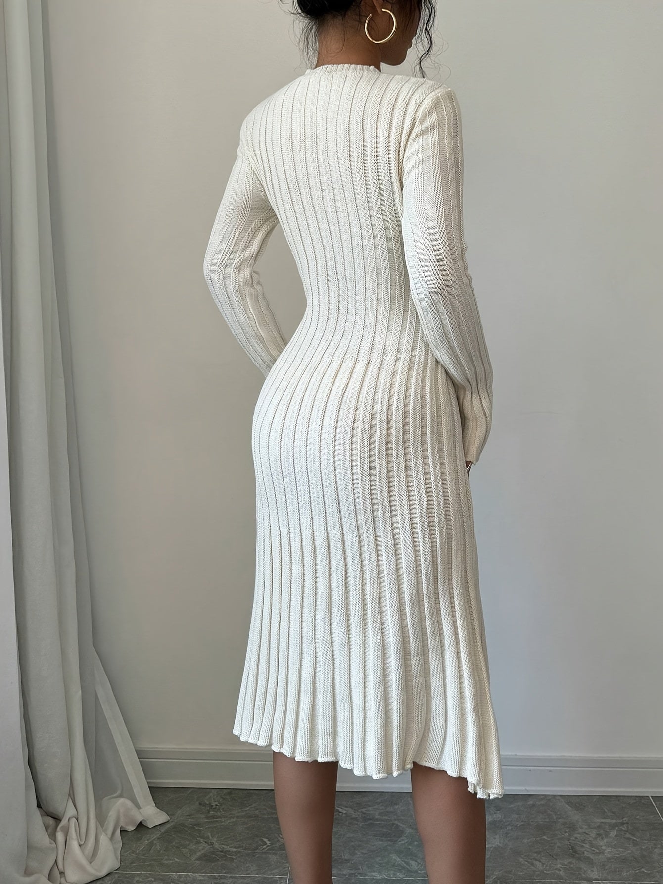 [Long Sleeve Ribbed Knit Sweater] Elegant Solid Color Ribbed Knit Sweater Dress for Women - Crew Neck, Long Sleeve, Pleated Design, Perfect for Fall & Winter