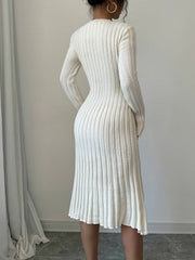 [Long Sleeve Ribbed Knit Sweater] Elegant Solid Color Ribbed Knit Sweater Dress for Women - Crew Neck, Long Sleeve, Pleated Design, Perfect for Fall & Winter