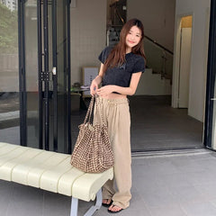Ingvn  Women's Brown Round Dot Shoulder Bag Canvas Shopping Bags Simple Student Tote Handbag Summer