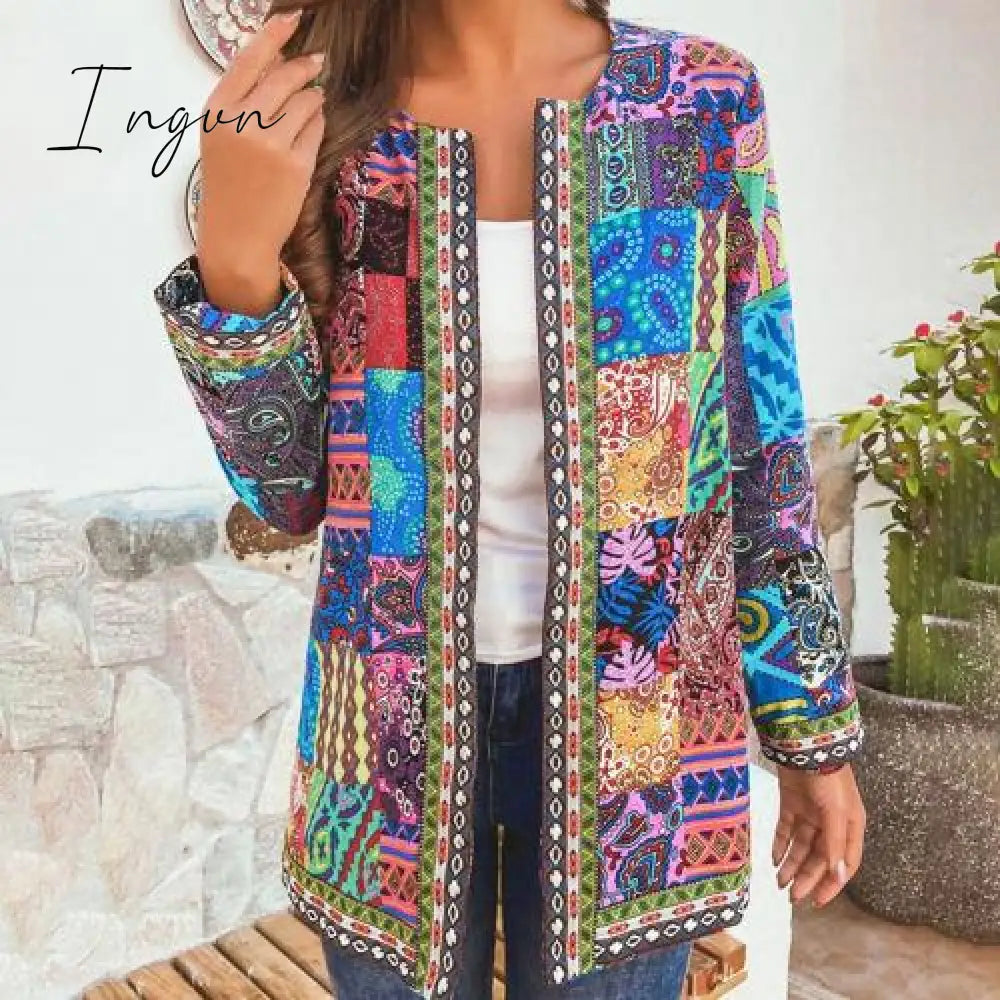 Ingvn - 6XL Jacket Coat Women Fashion Autumn Winter Ethnic Floral Print Long Sleeve Loose Jacket Coat Cardigan Loose Outerwear Chic Top