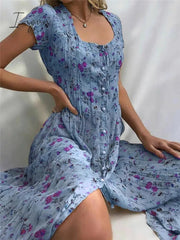 Ingvn - French Flair Elegant Floral Square Neckline Midi Dress
