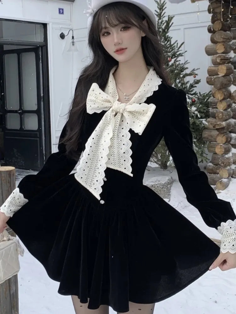 Autumn Velvet Mini Dress for Women French Vingate Bow Neck Lace Patchwork Evening Party Dresses Korean One Piece Vestidos Mujer