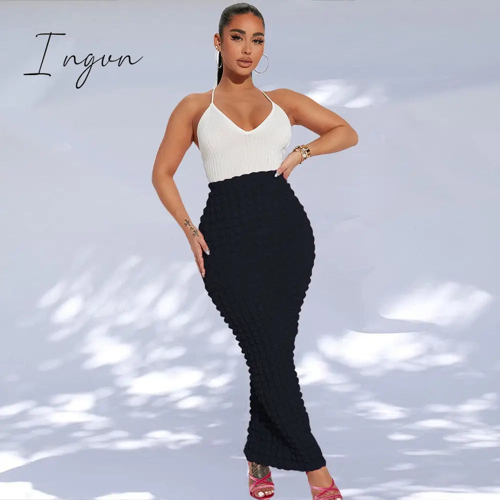 Ingvn - Sexy Popcorn Slim Long Skirt Women High Waist Solid Pencil Skirt 2023 Spring Summer Harajuku Elegant Fairy Grunge Clothes