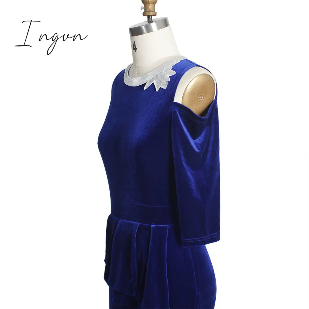 Ingvn - Elegant Blue Velvet Mermaid Long Dress Women Dinner Evening Formal Gown Ladies Bodycon Peplum Ruffle Vintage Maxi Party Dress