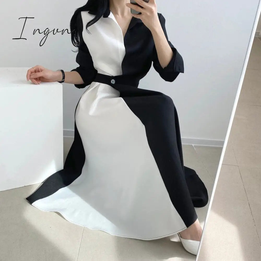 Ingvn - Spring Autumn Retro Temperament Contrast Color Lapel Long-Sleeved Shirt Female Midi Dress Korean Elegant Fashion Slim Chic Dress