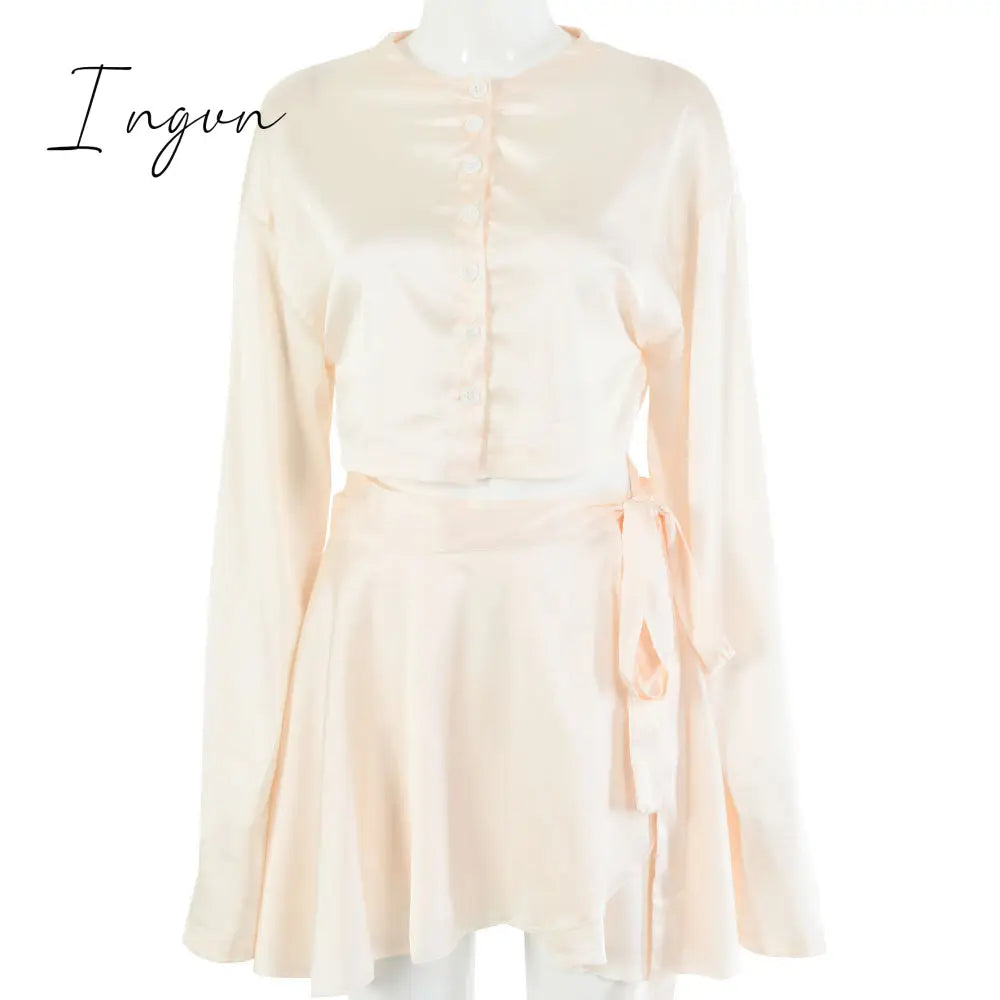 Ingvn - Casual Satin Two Piece Dress Set For Women White O-neck Button Top Bandage Mini Pencil Skirts Outfits Fashion Party Suit