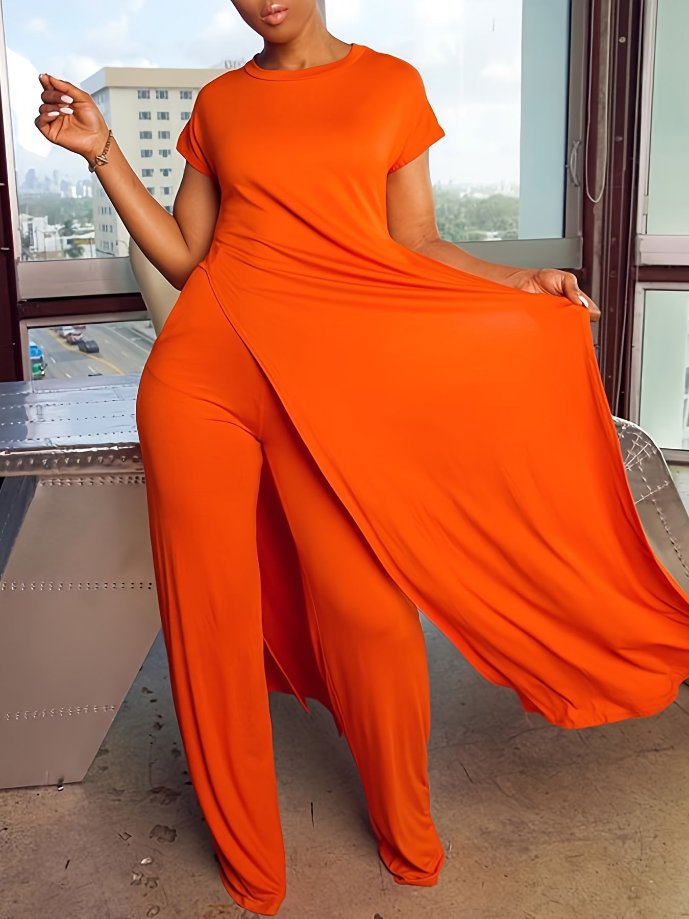Plus Size Solid Color Split Hem Oversized T-shirt & Pants Set, Women's Plus High Stretch 2pcs Set