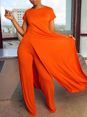 Plus Size Solid Color Split Hem Oversized T-shirt & Pants Set, Women's Plus High Stretch 2pcs Set
