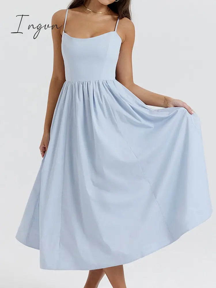 Ingvn - Elegant A-line Loose Midi Dress Women Gown Spaghetti Strap Sleeveless Backless French Retro Sexy Long Dress Vestidos