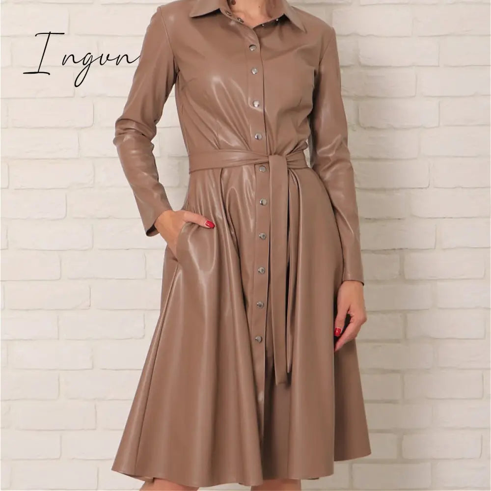 Ingvn - Winter Casual Sashes Pu Leather A-Line Dresses Women Turn-down Collar Long Sleeve Solid Color Knee Dress Office Lady Wear