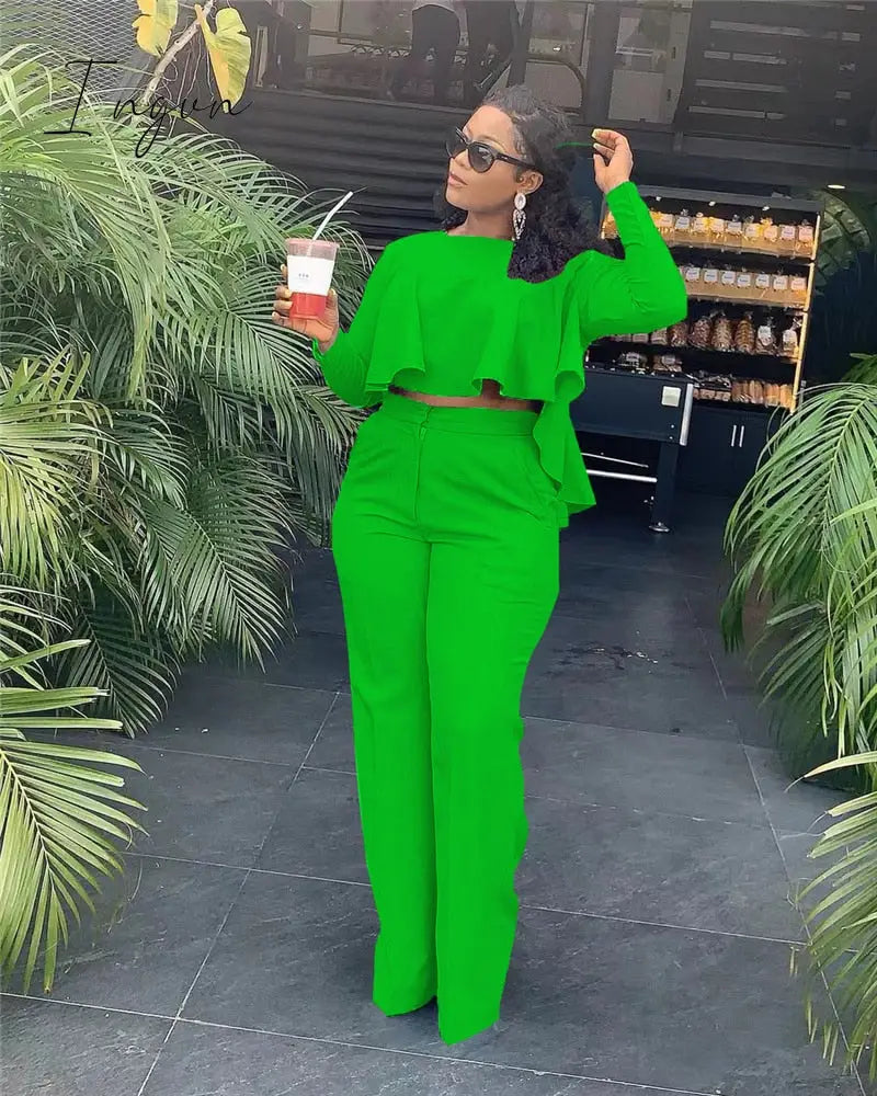 Ingvn - 2023 Elegant Work Wear Two Piece Set Fall Clothes for Women Ruffles Crop Top and Wide Leg Pants Suits Matching Sets Sexy Club Outfits