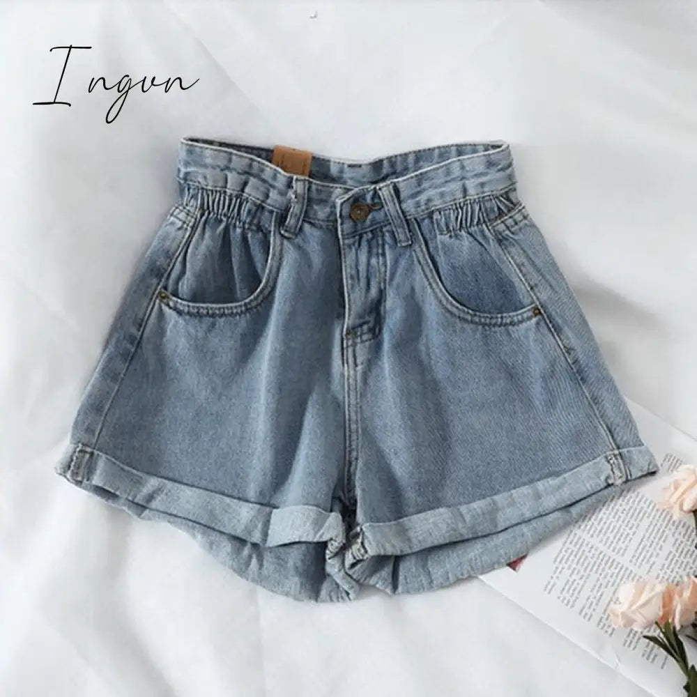 Ingvn - New Summer High Waist Denim Shorts Women Casual Loose Ladies Fashion Plus Size Elastic Waist Wide Leg Short Jeans Female