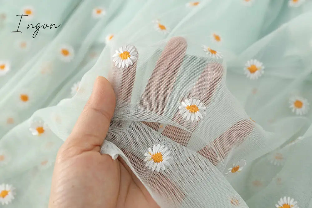 Ingvn - small daisies embroidery mesh dresses women sexy off the shoulder french vintage party ruffle dresses elegant vestidos