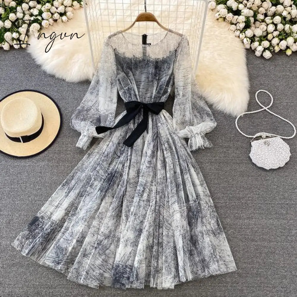 Ingvn - Sexy Mesh Printed Dress Women Spring Autumn Round Neck Puff Long Sleeve Ink Pattern A-Line Big Swing Vestidos Female New