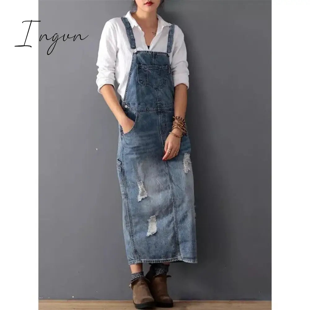 Ingvn - Fashion Maxi Denim Dress Summer Ladies Suspenders Holes Jean Dresses Female Loose Plus Size 5XL Bib Blue cowboy Long Dress 8075