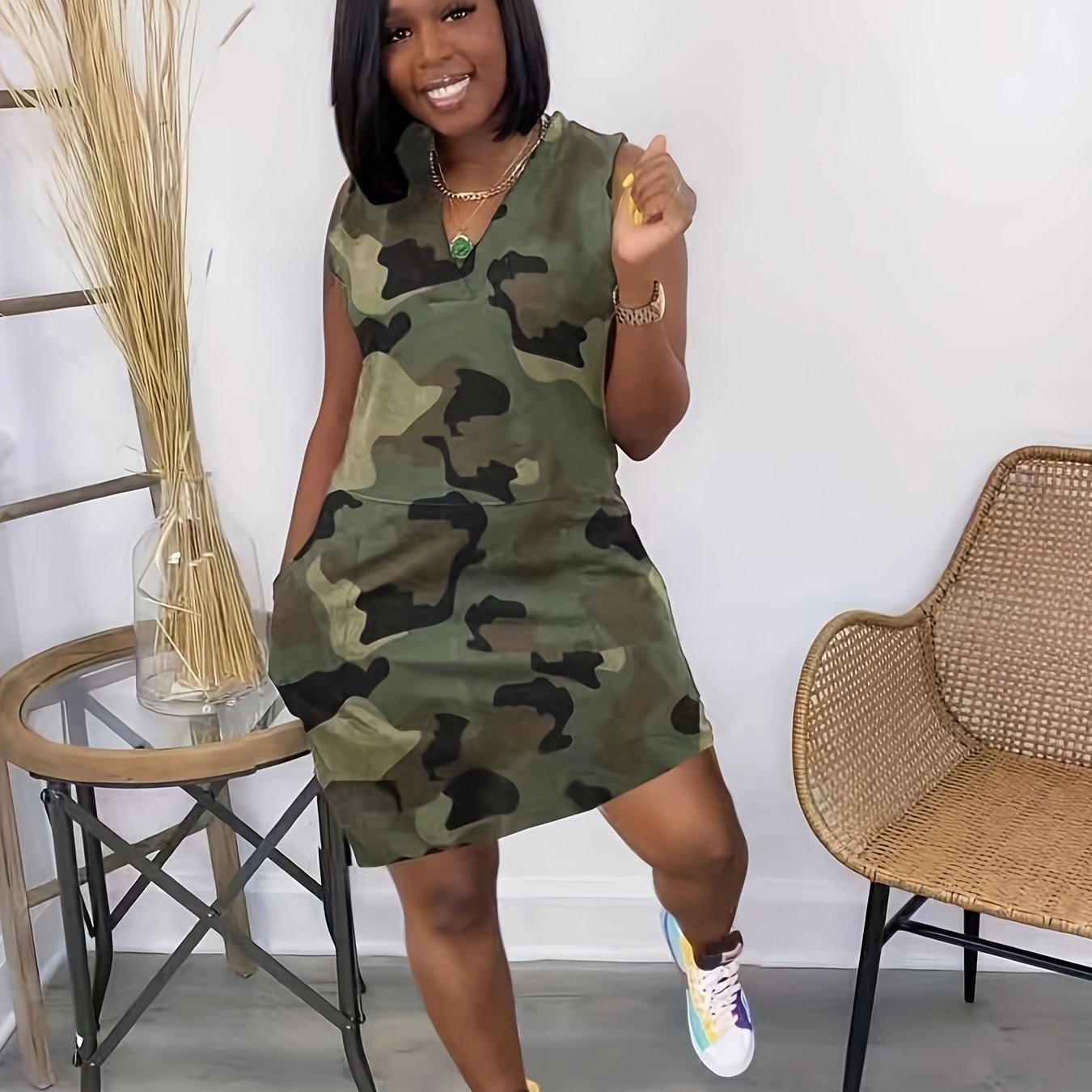 Trendy Camouflage Print Tank Dress - Lightweight & Comfortable V Neck Sleeveless Style for Effortless Summer Fashion - Perfect Womens Clothing for All-Day Chic