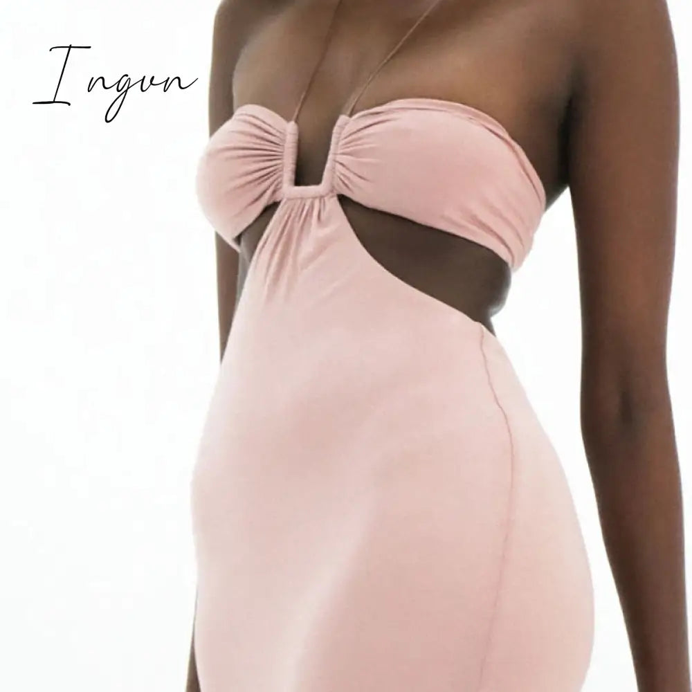 Ingvn - Women Summer Dress Wrap Hollow Out Backless Halter Backless Beach Dresses Maxi Long Vestidos
