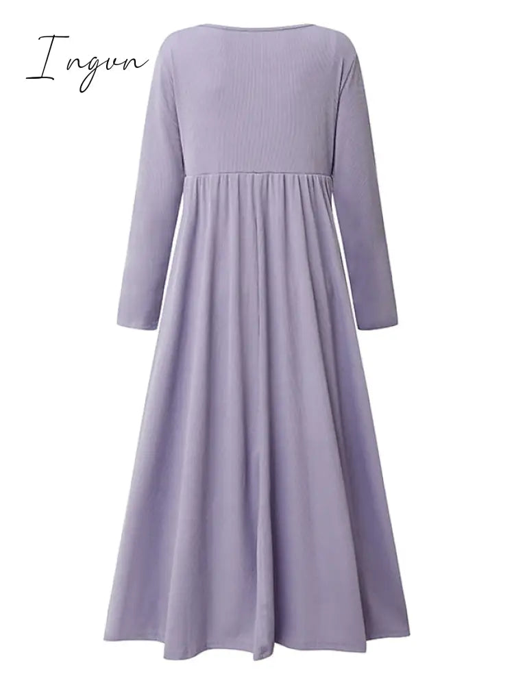 Ingvn - Women's Casual Dress Summer Dress Pleated Dress Plain Ruched Button V Neck Midi Dress Fashion Mature Outdoor Street Half Sleeve Loose Fit White Purple Green Summer Spring S M L XL XXL