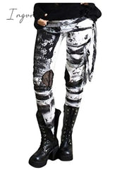 Ingvn - Women's cool ultra gathered pants Halloween gothic rocker distressed punk tie leggings gray black red s m l xl xxl
