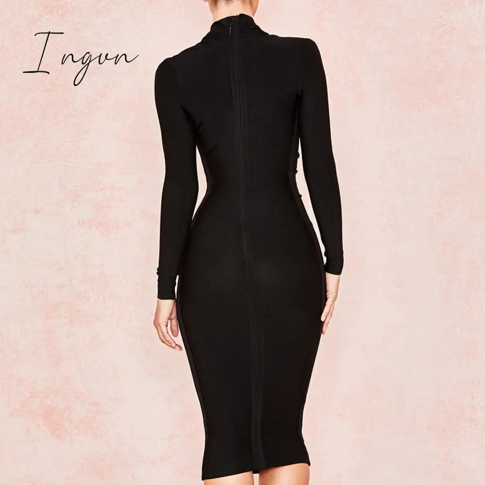 Ingvn - New Summer Deep V Neck Women Bandage Dress Full Sleeves Celebrity Bodycon Dress Sexy Club Vestidos Evening Party Dresses