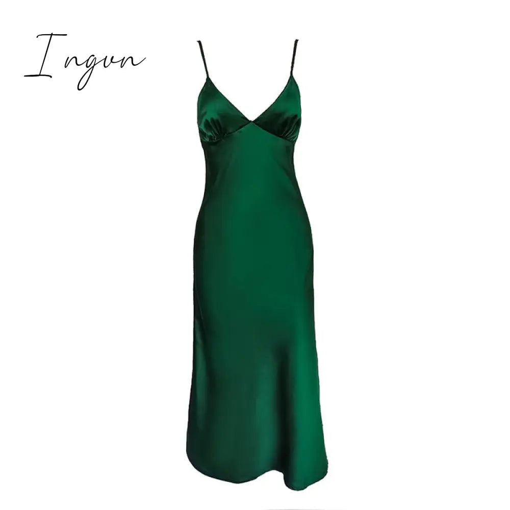 Ingvn - Women Satin Deep V Neck Sexy Dress Solid Straight Pajamas Party Dress Elegant Female Summer Spaghetti Strap Dress Casual