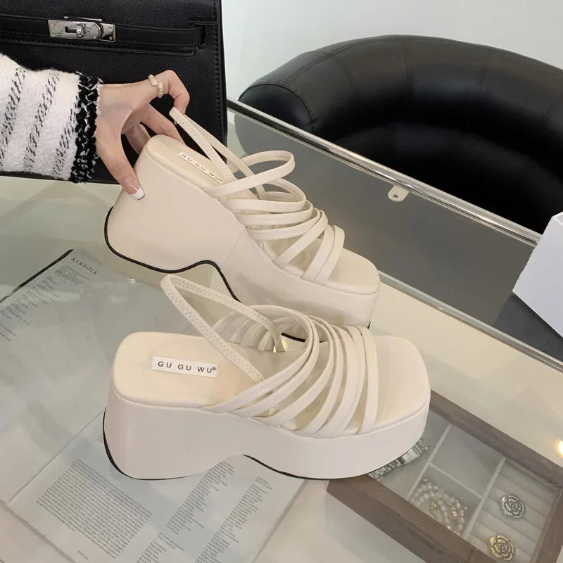 Ingvn  Silver Wedge Sandals Women Platform Shoes Black Belt High Heels Gladiator Chunky Heeled  Summer Wedges Zapatos De Mujer