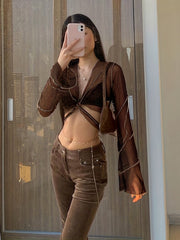 Sexy Women's Bell Sleeve Mesh Crop Top for Spring & Summer, Casual Slim Fit Clothing
