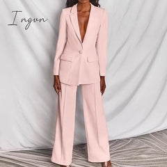 Ingvn - Women's Coats Blue Long Sleeves Workwear Outfits Female Solid Office Formal Chic Pockets Summer pants Sets Conjunto Femenino