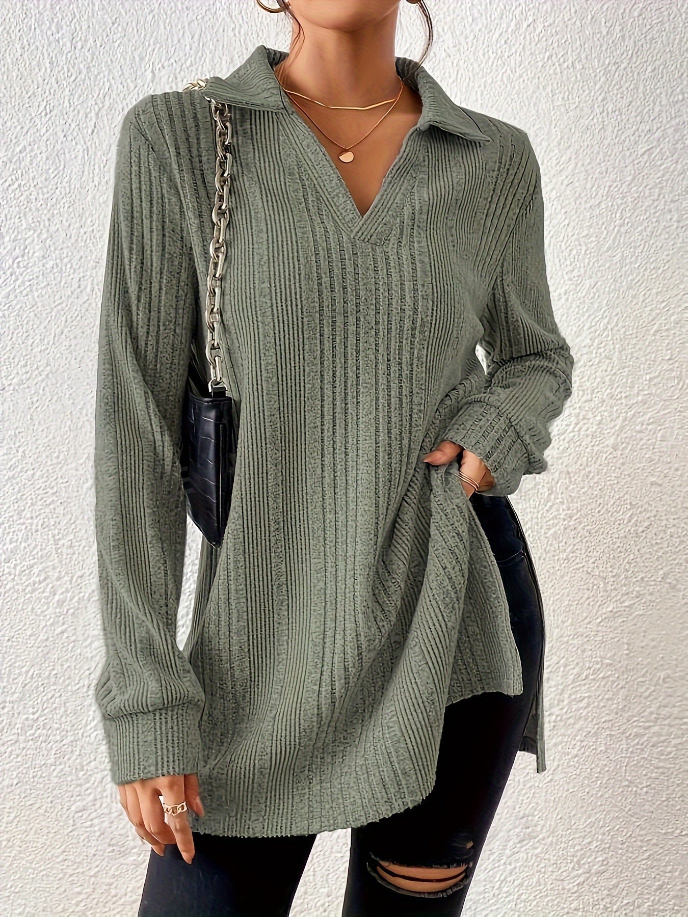 1pc Elegant Solid Color Ribbed Knit V-Neck T-Shirt, Long Sleeve Polyester Top for Women, Spring/Fall Casual Wear