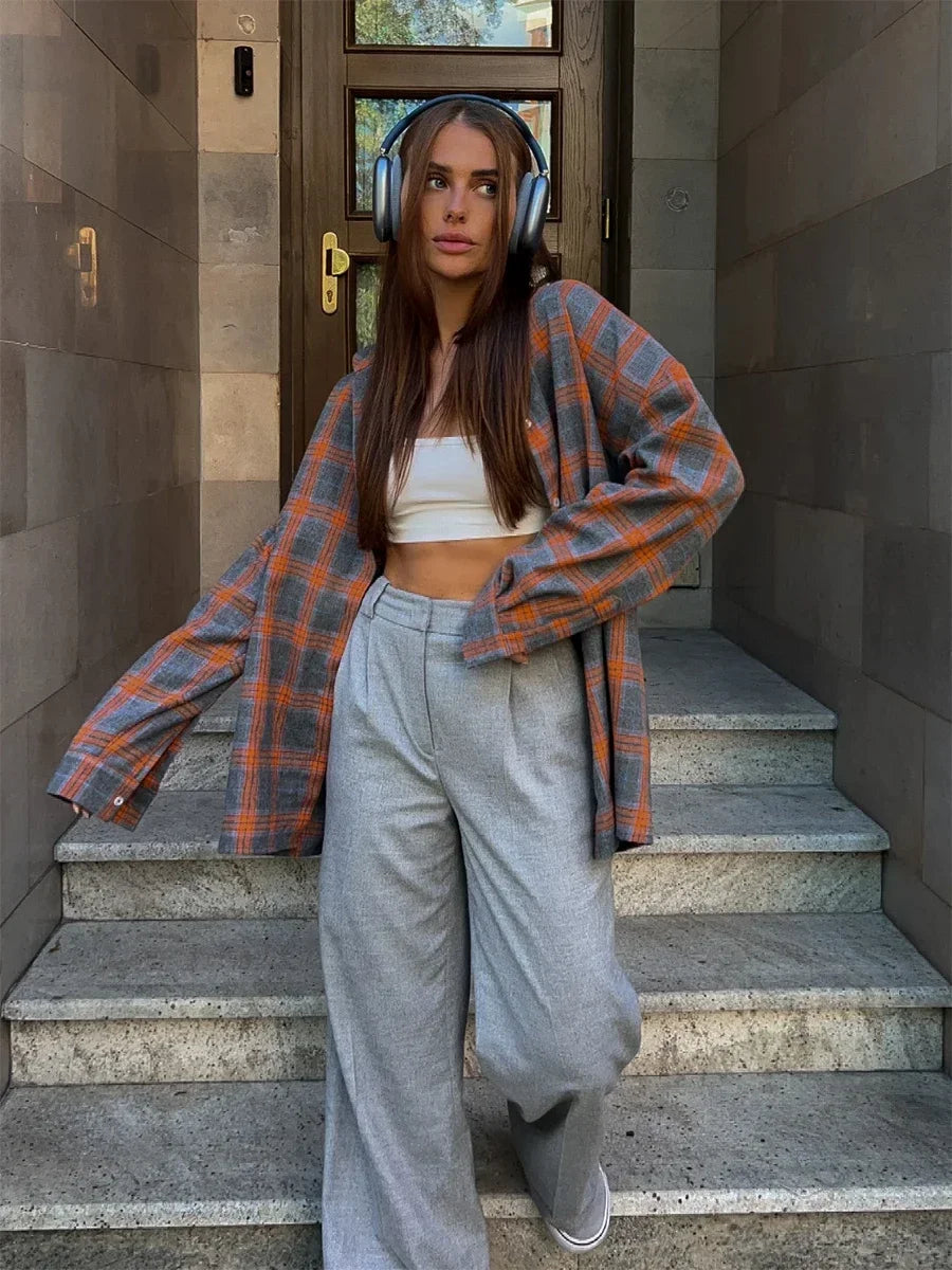 Ingvn  Vintage Loose Plaid Women'S Shirt Fashion Lapel Long Sleeve Office Lady Shirts and Blouses Tops Female Clothing New