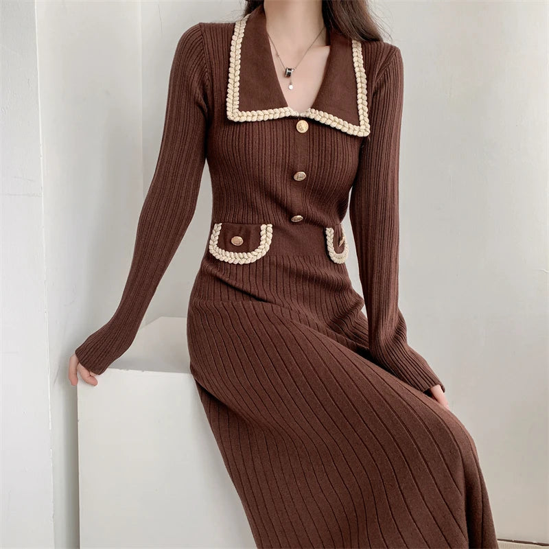 Autumn Elegant Knitted Dress for Women Fashion Single Breasted Slim A Line High Waist One Piece Female Korean Clothes Winter New