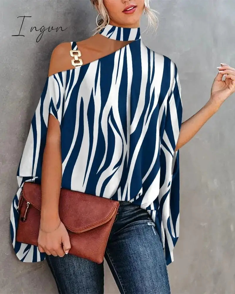 Ingvn - Women Metal Halter Hollow Out Print Top Patchwork Short Sleeve Loose Summer Blouse Femme Fashion Pullovers Casual Youth New
