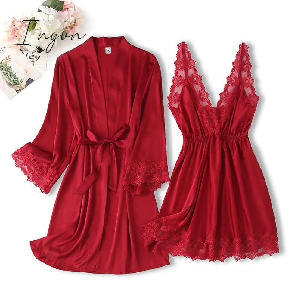 Ingvn - Lace Trim Sexy Wedding Lady Robe Suit Loose Satin Bride Bridesmaid Kimono Bathrobe Gown Mini Sleepwear Rayon Intimate Lingerie