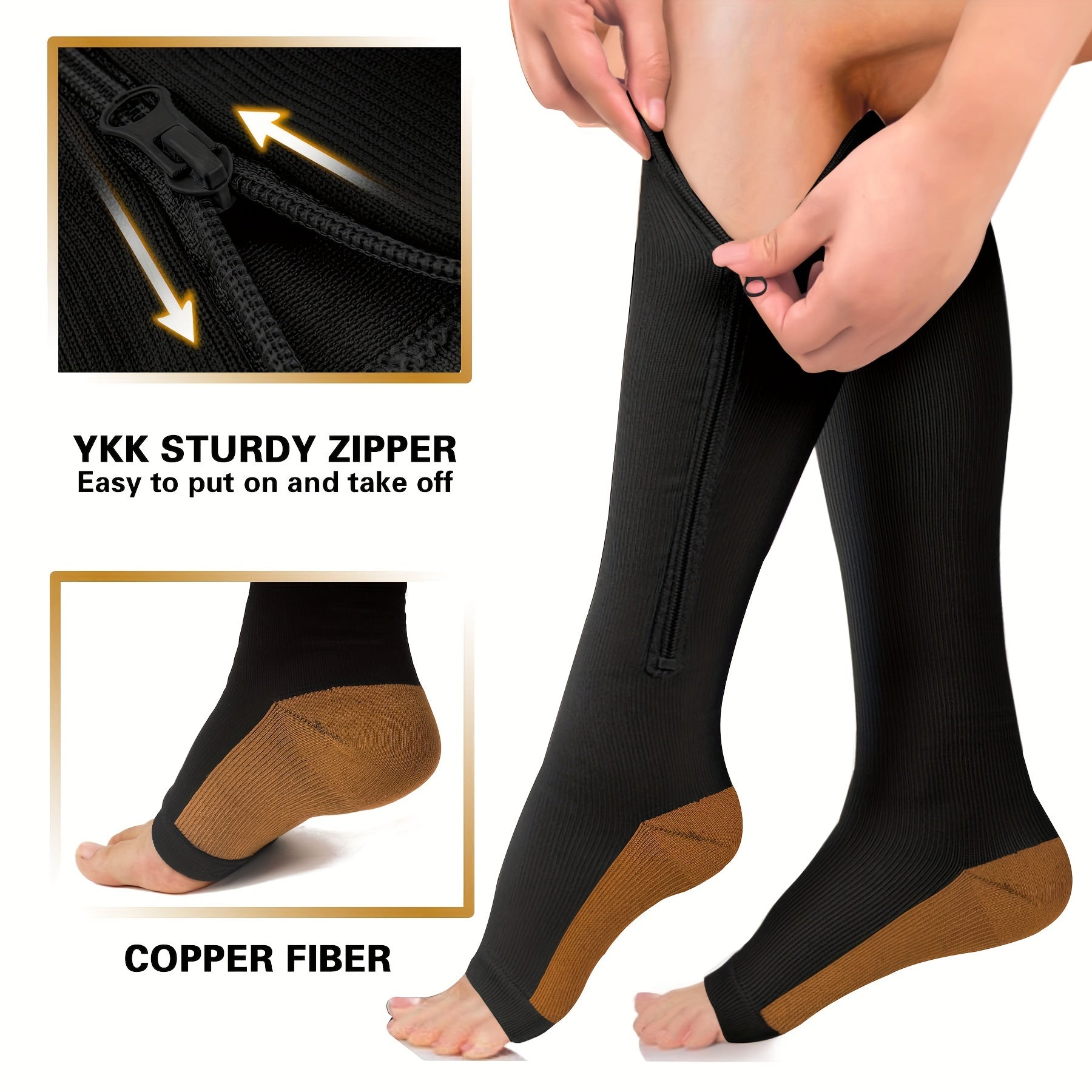 2 Pairs Compression Socks For Running, And Athletics - Open Toe, Zipper Closure, Thermal