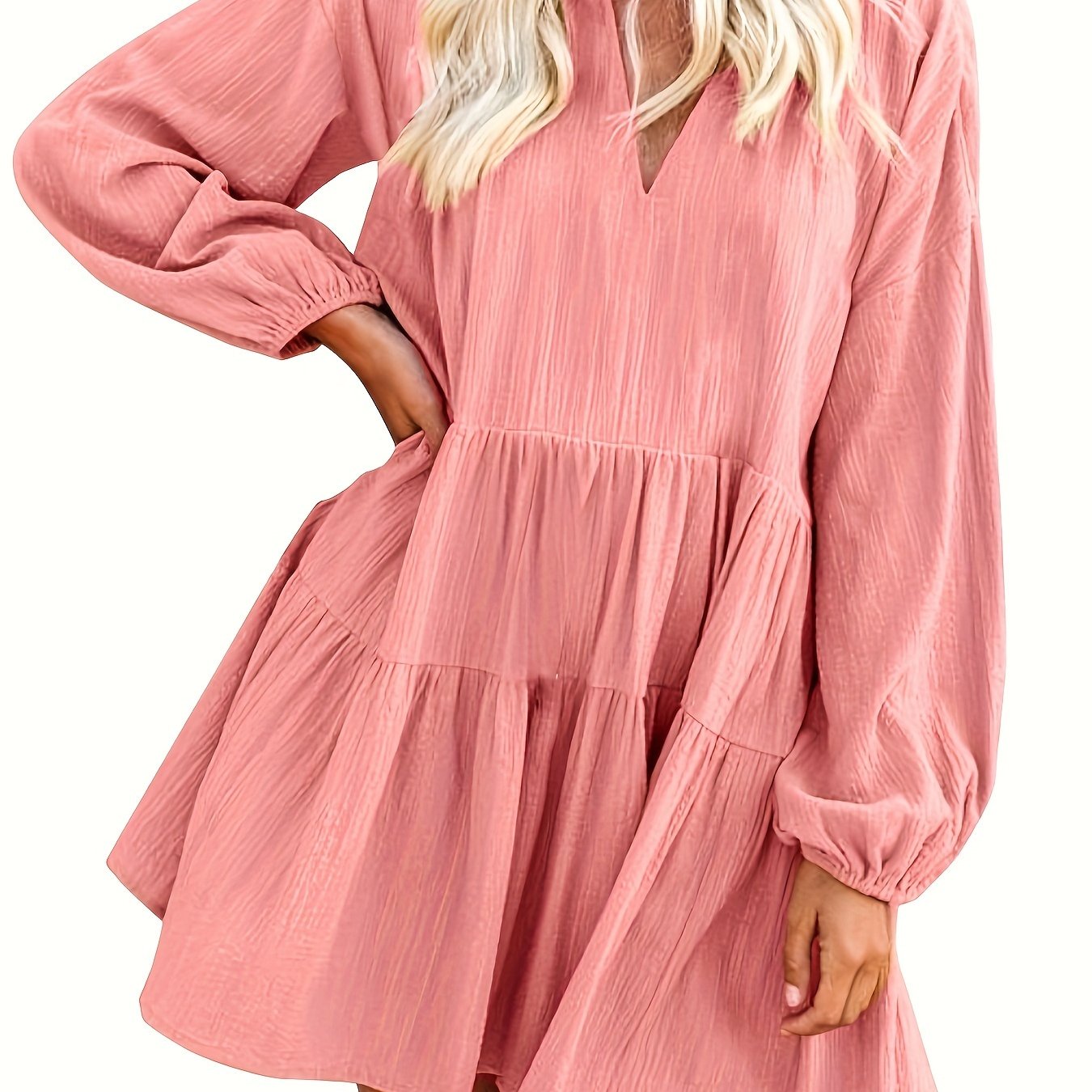 Long Sleeve Solid Color V Neck Loose Babydoll Dress, Casual Ruffle Hem For Spring & Fall, Women's Clothing
